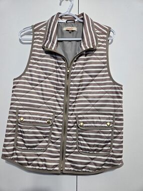 Pomelo Quilted Puffer Vest Striped Brown Cream Zip Front Utility Pockets Women’s